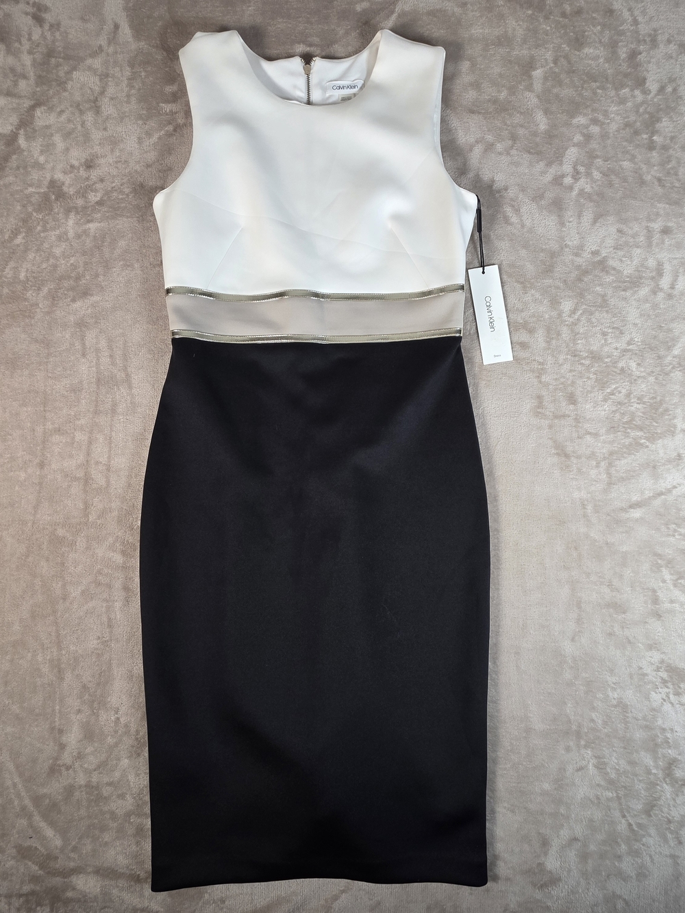 Calvin Klein NWT Womens 4 Black White Colorblock Sheath Dress Gold Trim Pencil